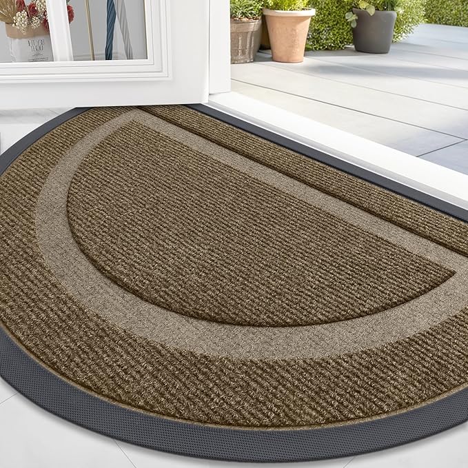 OLANLY Half Circle Door Mat Indoor Outdoor Entrance Welcome, Waterproof All-Season, All-Weather Doormat, Sturdy Natural Rubber, Low Profile, Easy Clean Patio Porch Entryway Mat, 47x32, Brown