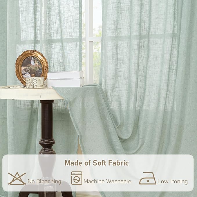 LAMIT Living Room Linen Curtains 95 Inch for Bedroom, Back Tab and Rod Pocket Linen Textured Sheer Curtains Light Filtering Burlap Drapes for Farmhouse, 2 Panels, 52 x 95 Inch, Light Sage