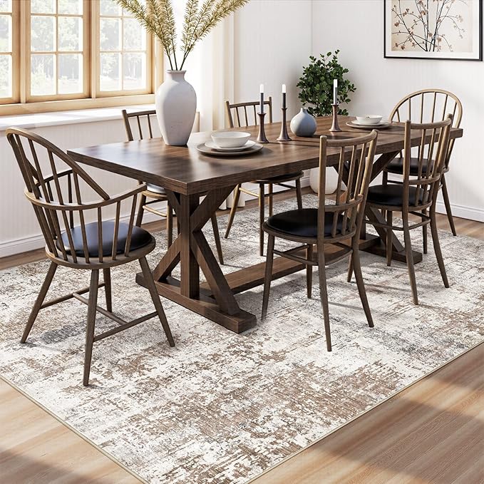 UERMEI Area Rug Living Room Rugs - Washable Neutral Modern Abstract Soft Thin Rug Indoor Floor No Slip Rug Carpet for Bedroom Under Dining Table Home Office Decor - Brown/Grey/Red - 10x12