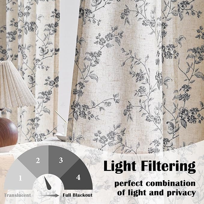 Lazzzy Black Floral Linen Curtains 90 Inch Farmhouse Back Tab Drapes for Living Room Bedroom Light Filtering Vintage Grandmillennial Rod Pocket Curtains, 2 Panels, W38 x L90, Black on Beige