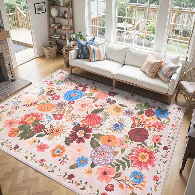 Pink/Beige Washable Area Rug 8x10, Large Soft Rugs for Living Room Floral Carpet 8x10 Area Rugs for Bedroom Dining Room Non-Slip Stain Resistant Under Table Rug(8 x 10, Beige/Pink Garden)