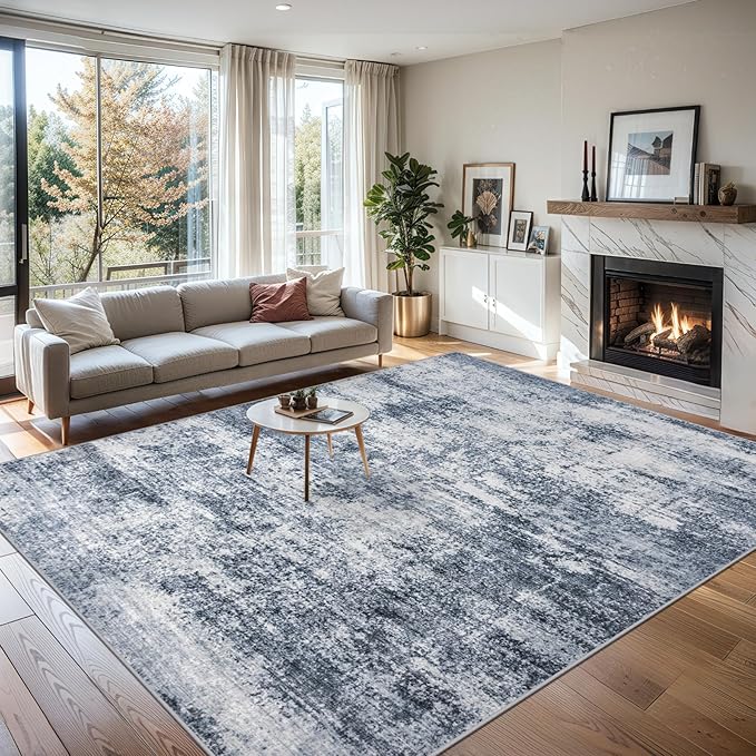Area Rugs 10x14 Living Room - Washable Rug Modern Abstract Soft Large Neutral Non-Slip Carpet Indoor Floor Thin Carpets for Bedroom Dining Room Farmhouse Nursery Home Office Grey Blue