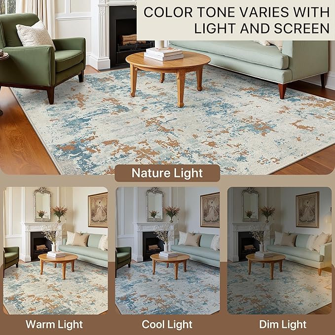 Area Rugs 8x10 for Living Room Bedroom, Modern Abstract Machine Washable Rug, Large Soft Low Pile Floor Carpet with Non Slip Backing for Dining Room, Teal and Terracotta