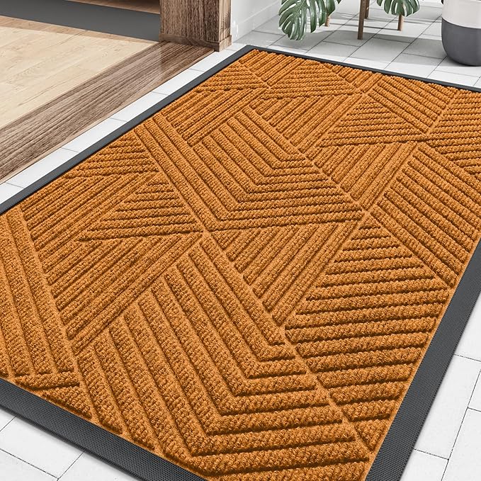 Smiry Front Door Mat Outside Entrance, Heavy Duty Sturdy Natural Rubber Doormat, Trap Dirt and Moisture, Easy Clean Low Profile Mats for Indoor Outdoor Entry, Irregular Triangle (29.5x17, Amber)