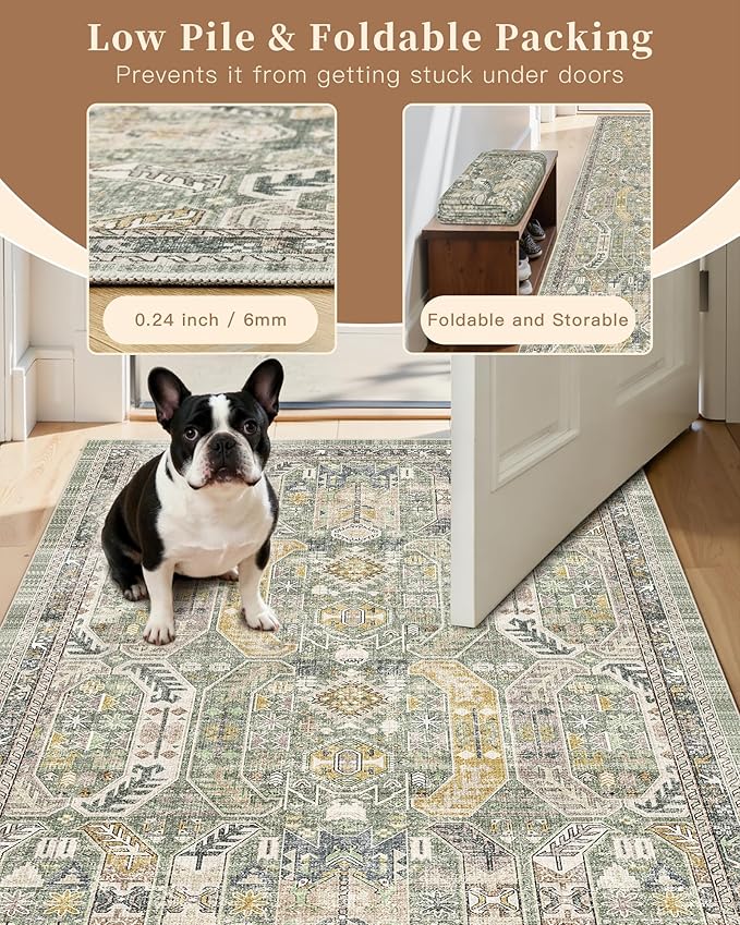 Madane Washable Area Rug 2x3, Small Entryway Rug Non-Slip Vintage Door Mat Indoor Entrance, Low Pile Floor Carpet for Inside Front Door Bedroom Kitchen Entry Laundry (2'x3', Green/Gold)