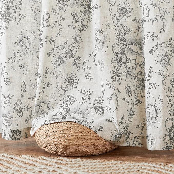 jinchan Linen Blend Curtain Floral Curtains for Living Room 96 Inch Length Grey Printed Curtain Rod Pocket Back Tab Farmhouse Peony Flower Patterned Drapes Bedroom Window Curtains Set 2 Panels