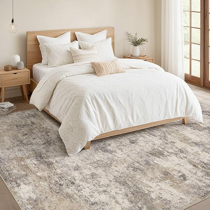 Nakagishi 10x12 Area Rugs Living Room: Washable Abstract Large Neutral Soft Rug Stain Resistant Modern Indoor Floor Non-Slip Carpet for Bedroom Nursery Playroom Office Dining Room Dorm- Brown Grey