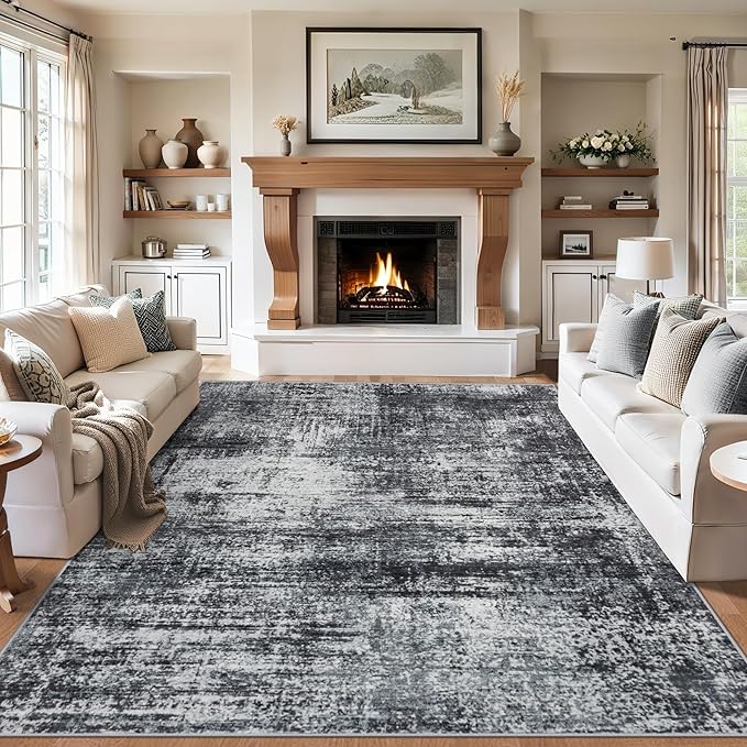 Area Rugs Living Room Rug - 4x6 Washable Modern Abstract Soft Neutral Non-Slip Carpet Large Indoor Floor Thin Carpets for Bedroom Dining Room Farmhouse Nursery Home Office Dark Black