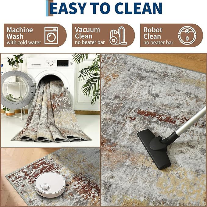 Living Room Rug 7x10 Beige Area Rugs Machine Washable Abstract Boho Large Rug Non-Slip Non-Shedding Faux Wool Indoor Vintage Carpet for Bedroom, Classroom, Dining Room, Kids Playroom