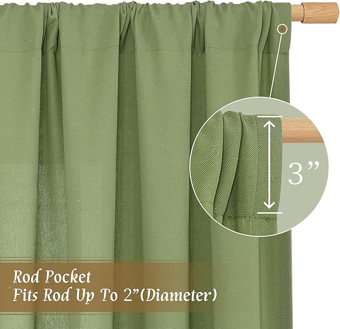 LAMIT Faux Linen Curtains 63 inches Long for Bedroom, Rod Pocket Thick Linen Drapes Light Filtering Privacy Window Spring Decor Curtains for Living Room, 2 Panels (52 x 63 Inch, Green)
