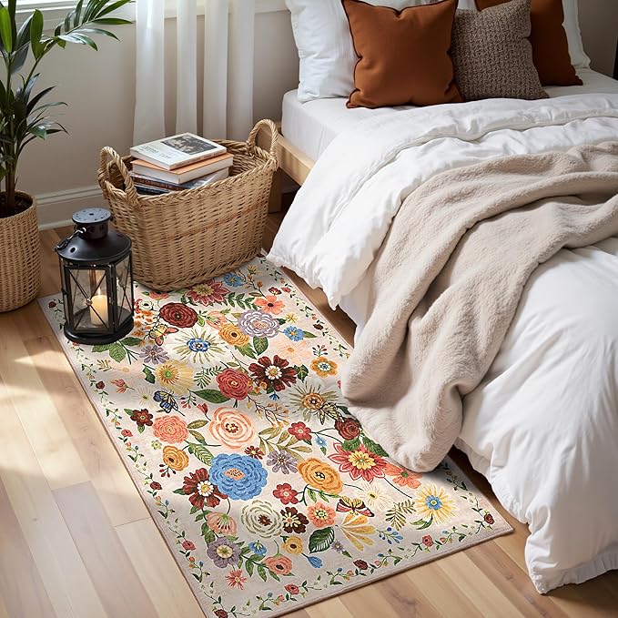 2x5 Entryway Runner Rugs, Non Slip Washable Rugs with Rubber Backing Soft Floral Carpet Runner for Kitchen, Laundry, Bedroom, Bathroom(2 x 5, Beige Garden)