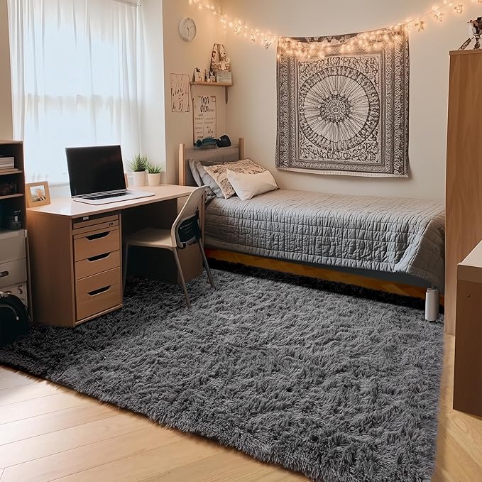 ONASAR Grey Area Rugs for Bedroom Living Room, Fluffy Fuzzy Shag Shaggy 4x6 Bedside Rug, Gray Soft Plush Indoor Floor Carpet for Nursery Kids Girls Boys Teen Dorm Home Office Decor Aesthetic