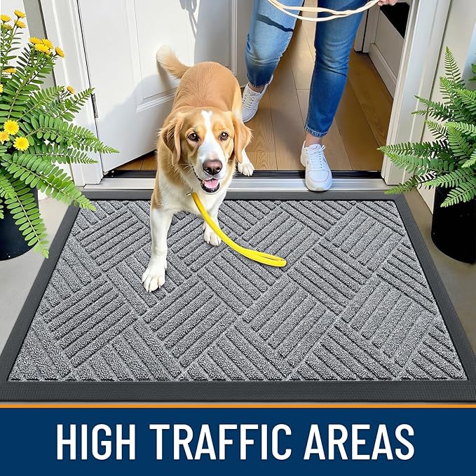 OLANLY Front Door Mat Outside Entrance 47x32, Absorbent, Heavy Duty Sturdy Natural Rubber Doormat Indoor Outdoor, Stain Fade Resistant, Non-Slip Low Profile Floor Mat Entryway, Charcoal Gray Diamond
