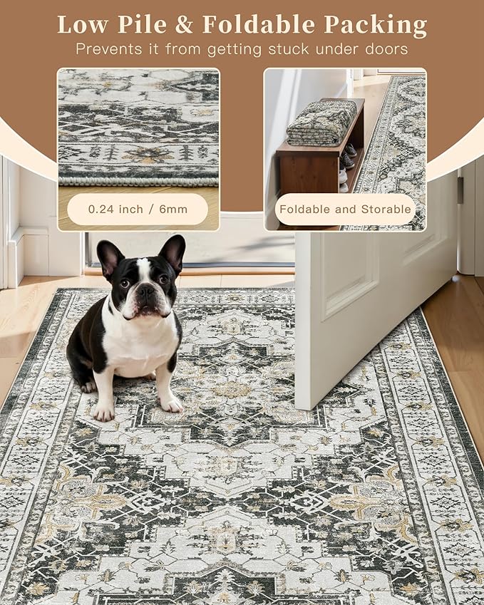 Madane Hallway Runner Rug 3x16 - Vintage Non Slip Washable 16ft Kitchen Runner for Entrance Soft Long Carpet Runners for Living Room Bathroom Low Pile Floor Mat for Bedroom Dining Room, Black
