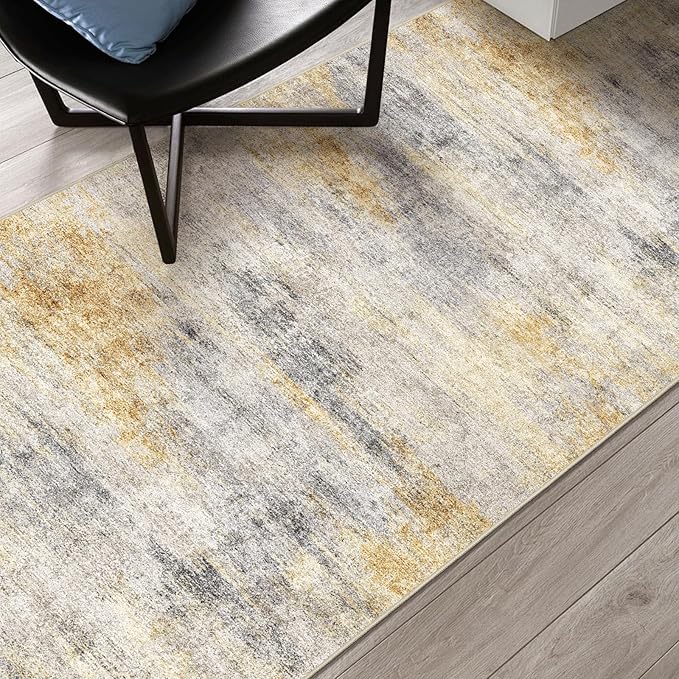 3x7 Washable Kitchen Runner Rug: Modern Abstract Runners for Hallway Soft Non Slip Rugs with Rubber Backing Low Pile Thin Floor Carpet for Entryway Bedroom Bathroom Bedside Indoor(Grey/Yellow,3x7)
