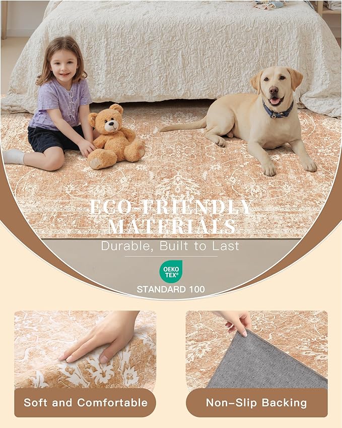 Madane 8x10 Area Rugs for Living Room, Machine Washable Vintage Rug with Non-Slip Backing, Soft Floral Print Large Throw Rugs, Thin Carpet for Bedroom Dining Room Farmhouse (8 x 10, Jasper Orange)