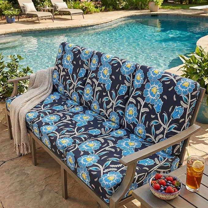 hyha Printed Couch Cushion Covers, Floral Sofa Covers Washable for 2 Cushion Couch, Stretch Pattern Outdoor Cushion Covers for Patio Furniture with Elastic Bottom(Medium, Bluebell)