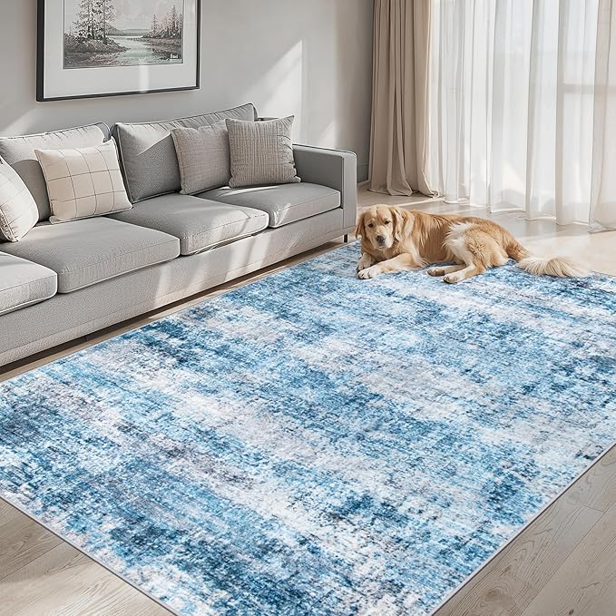 8x10 Area Rugs for Living Room - Washable Rug Modern Abstract Soft Large Neutral Non-Slip Carpet Indoor Floor Thin Carpets for Bedroom Dining Room Farmhouse Nursery Home Office Blue Grey