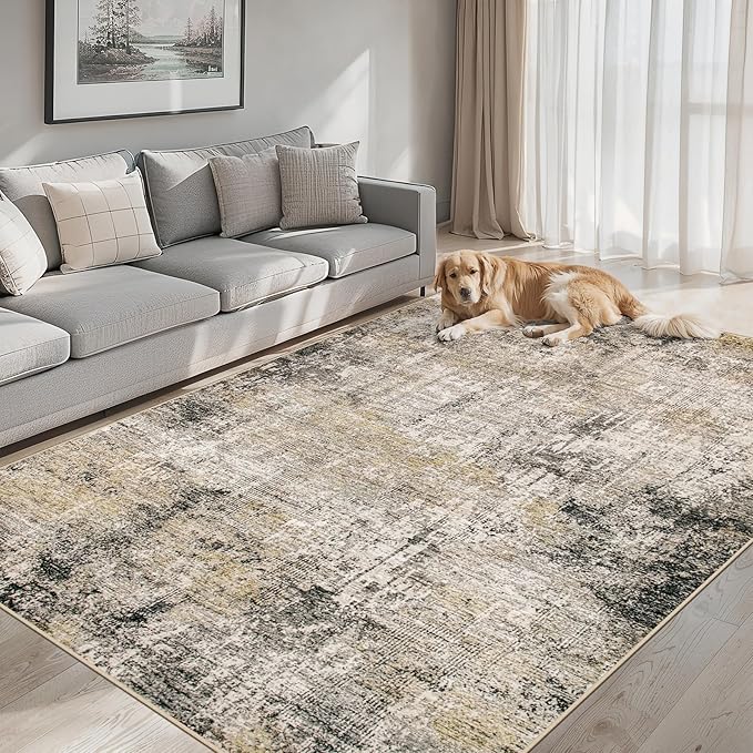 Area Rugs Living Room Rug - 5x7 Washable Modern Abstract Soft Neutral Non-Slip Carpet Large Indoor Floor Thin Carpets for Bedroom Dining Room Farmhouse Nursery Home Office Brown Black Grey