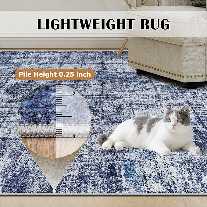 9x12 Area Rugs for Living Room Washable Rug: Anti-Skid Abstract Modern Living Room Rug Soft Thin Carpets Indoor Floor Non-Shedding Carpet for Bedroom Dining Farmhouse Nursery Navy Light Gray