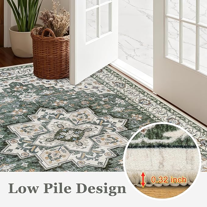 Area Rugs 10x12 Living Room Rug: Washable Rug Soft Vintage Boho Medallion Carpet Indoor Non-Slip Stain Resistant Large Carpets for Bedroom Dining Room Farmhouse Nursery Home Office Green Ivory