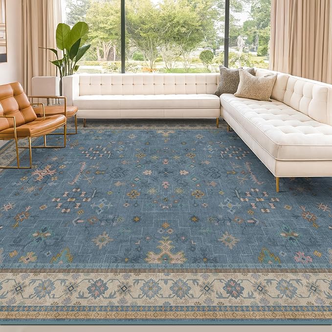 Hazo Haus Blue Big Rugs for Living Room - Dusty Blue 10x14 Area Rug for Large Bedroom, Dining Room, Washable Lightweight Low Pile Foldable Eclectic Modern Floral Home Décor
