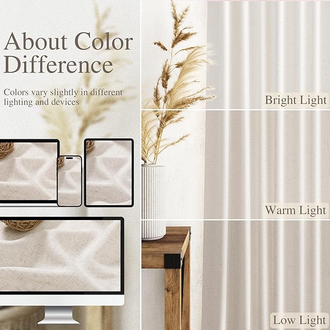 Nanspring Tan Beige Linen Curtains 95 inch Length for Living Room 2 Panel Set Burlap Textured Semi Sheer Linen Drapes Rustic Country Window Treatment Farmhouse Drop Cloth Curtain for Dinning Room