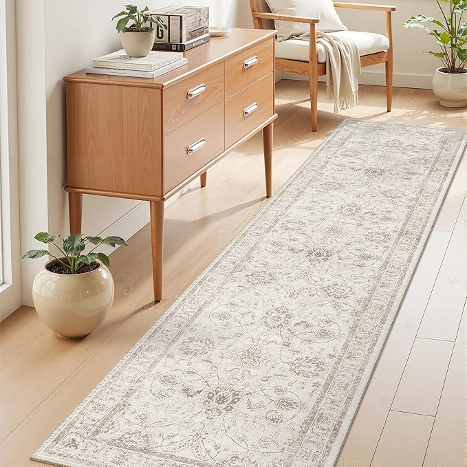 Madane Runner Rug 2x8 for Hallway, Kitchen Non-Slip Runner Rug with Rubber Backing, Vintage Soft Low Pile Throw Neutral Carpet Runner for Laundry Room Entryway Bathroom Bedroom (2 x 8, Brown/Ivory)