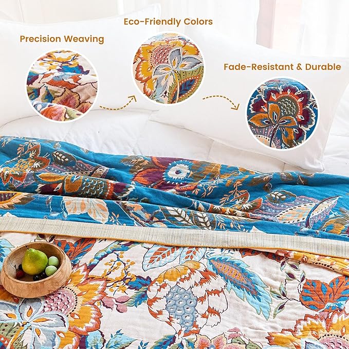 MSGKV Boho Throw Blanket 90"x108" Floral Cotton Blanket for Bed Spring Breathable Lightweight Farmhouse King Blankets Home Decor Muslin All Seasons
