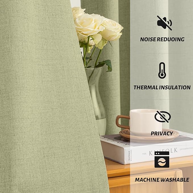 Yakamok Linen Sage Curtains 100% Blackout 63 Inches Long,Room Darkening Textured Curtains for Living Room Thermal Grommet Bedroom Curtain 2 Panels with Greyish White Liner