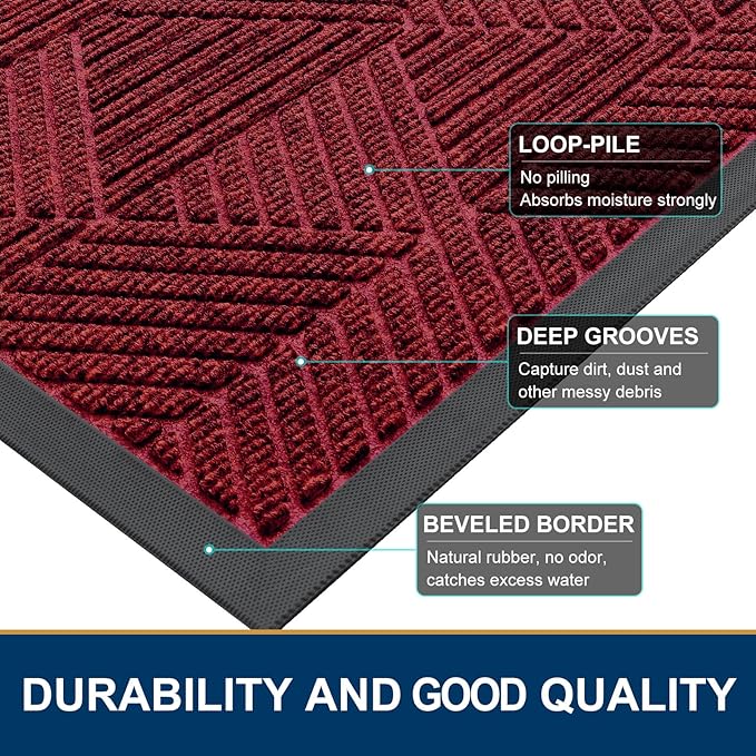 Smiry Front Door Mat Outside Entrance, Heavy Duty Sturdy Natural Rubber Doormat, Trap Dirt and Moisture, Easy Clean Low Profile Welcome Floor Mats for Indoor Outdoor Entry, 35X23 Inch, Deep Red