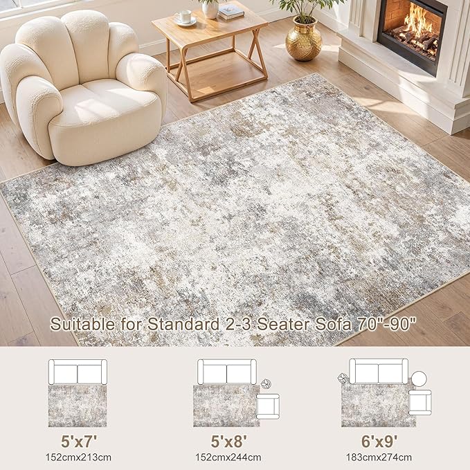 UERMEI 6x9 Area Rug Living Room Rugs - Washable Neutral Modern Abstract Soft Thin Large Rug Indoor Floor No Slip Rug Carpet for Bedroom Under Dining Table Home Office Decor - Brown Grey