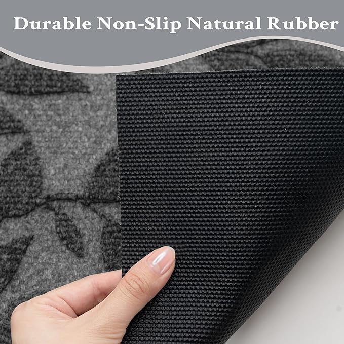 Grey Leaves Outdoor Indoor Entrance Door mat, Absorbent Durable Heavy Duty Welcome Front Door Mat,Thick Natural Rubber Back,Easy Clean Entryway Mat 47x32 Inch, Low Profile