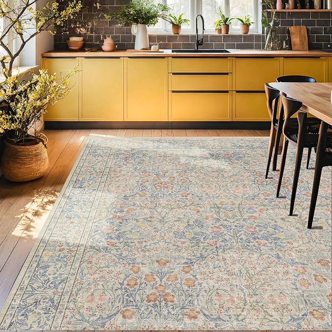 Washable Light Blue Bedroom Rug, 9x12 Area Rug for Living Room, Large Dining Room Rugs for Under Table, Soft Low Pile Non-Slip Stain Resistant Carpet - Vintage Floral Design (9x12 Beige Blue)