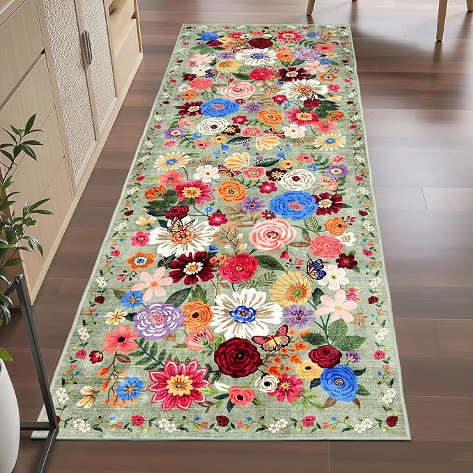 Rug for Hallways Kitchen Rug 3x7, Non Slip Washable Rugs with Rubber Backing Soft Floral Carpet Runner for Hallways, Kitchen, Laundry, Bedroom, Bathroom(3 x 7, Green Garden)