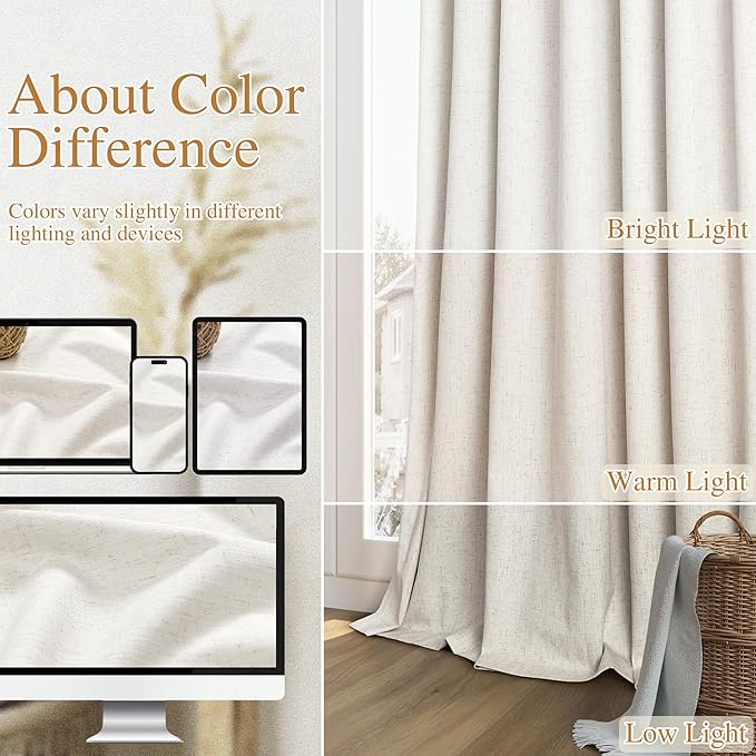 Beige White 100% Blackout Linen Curtains 100 Inch Length 2 Panels Set for Living Room Bedroom Back Tab Thermal Insulated Black Out Drapes Room Darkening Farmhouse Style for Bedroom Window Curtains