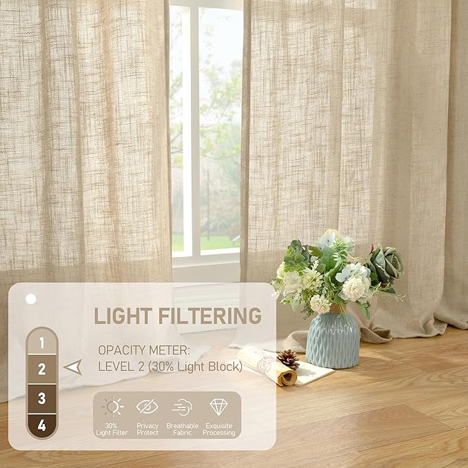 LAMIT Semi Sheer Linen Curtains 36 Inch Length for Cafe, Light Filtering Panels Back Tab and Rod Pocket Neutral Drapes for Bathroom/Kitchen/Loft Room, 25 x 36 Inch, Brown, 2 Panels