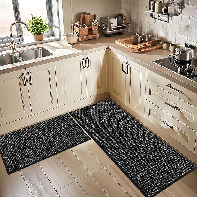 BEQHAUSE Kitchen Rugs 20"x32", Non-Slip Kitchen Mats for Floor, Super Absorbent and Stain Resistant Kitchen Rugs, Machine Washable Rugs for Kitchen, Hallway, Laundry & Sink, Black