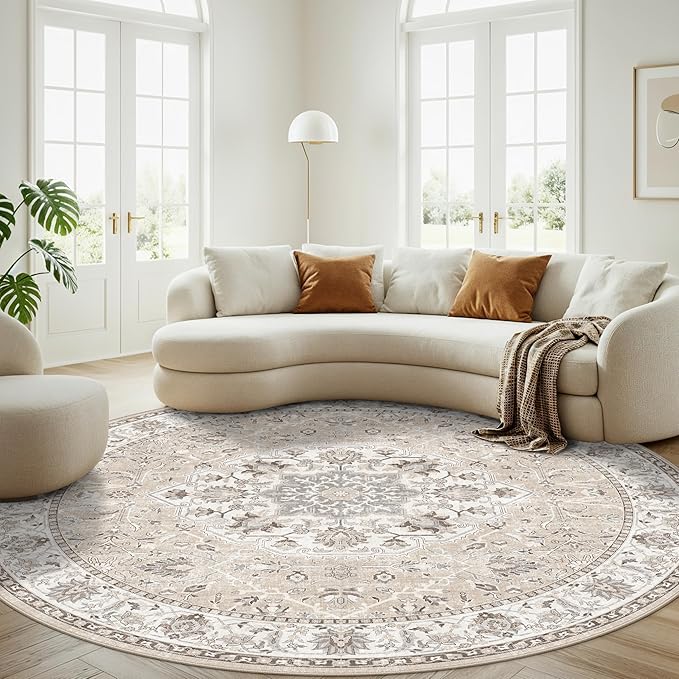 Washable 6ft Circle Round Rug: 6x6 Low-Pile Circular Rug for Living Room Bedroom Cute Office Nursery Area Rug with TPR Rubber Backing Soft Stain-Resistant Carpet Bathroom Entryway Dorm(6Round，Beige)