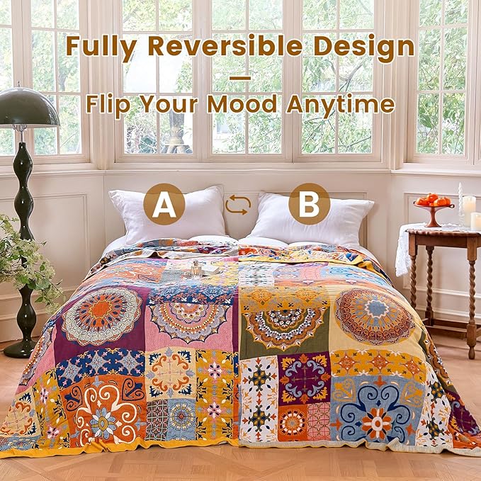 MSGKV Boho Throw Blanket for Bed 90"x90" 100% Cotton Blanket Spring Breathable Lightweight Queen Size Blankets Home Decor Muslin All Seasons