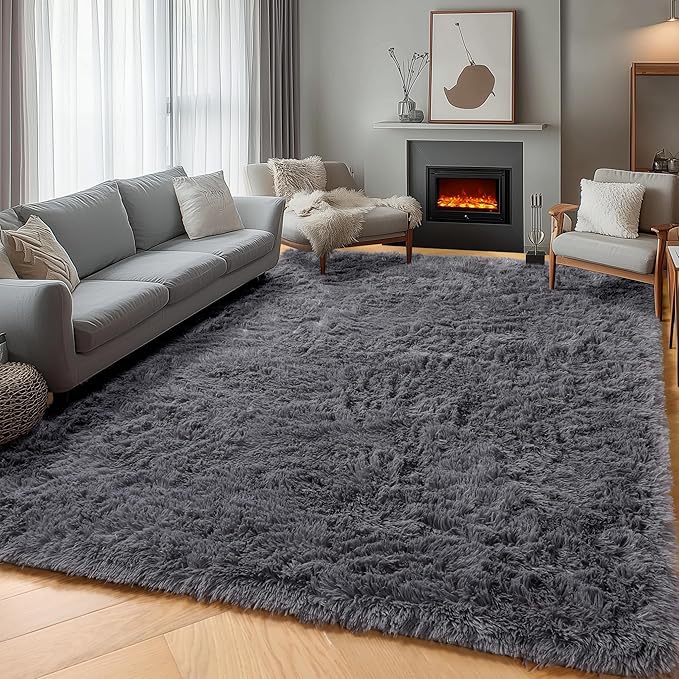 ONASAR Grey Area Rugs for Living Room, 5x8 Gray Fluffy Shag Bedroom Rug, Ultra Soft Plush Shaggy Large Indoor Floor Carpet for Nursery Kids Girls Boys Teen Home Office Decor Aesthetic