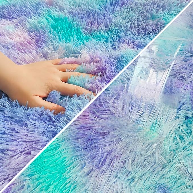 Tie-Dye Purple Rainbow Rug for Living Room 5x8ft Fluffy Modern Shag Area Rug Mat Bedside Throw Rug for Bedroom Kids Room Boys Teens Nursery Baby Dorm Office Home Decor Soft and Cozy Carpets