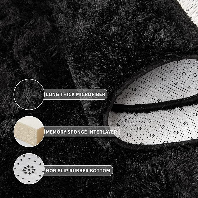 Tepook Super Soft Fluffy Rug for Bedroom, Modern Shaggy Fuzzy Kids Rugs for Living Room, Plush Indoor Nursery Home Decor Dorm Carpet with Non-Slip Bottom, Black, 2 X 3 Feet