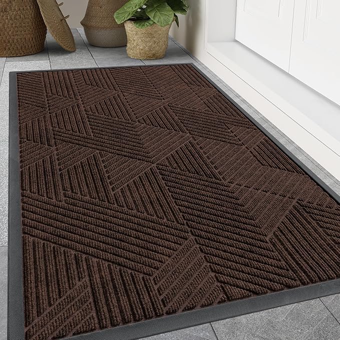 Smiry Front Door Mat Outside Entrance, Heavy Duty Sturdy Natural Rubber Doormat, Trap Dirt and Moisture, Easy Clean Low Profile Mats for Indoor Outdoor Entry, Irregular Triangle (71x34, Dark Brown)