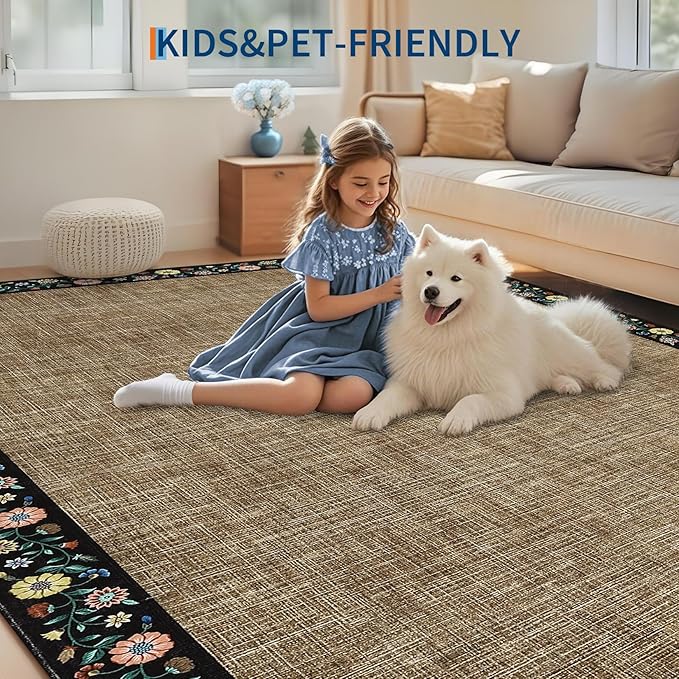 GarveeHome Entryway Rug 2x6 Modern Bordered Runner Rug Washable Kitchen Runners for Hallway Non-Slip Low-Pile Soft Carpet Floral Print Bathroom Mat for Bedroom Laundry Room, Brown