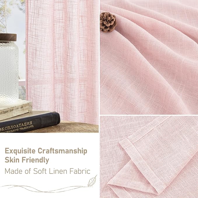 LAMIT 72 inch Pink Linen Curtains for Living Room 2 Panels, Linen Textured Light Filtering Semi Sheer Back Tab and Rod Pocket Farmhouse Curtain Panels for Bedroom/Farmhouse, 52 x 72 Inch