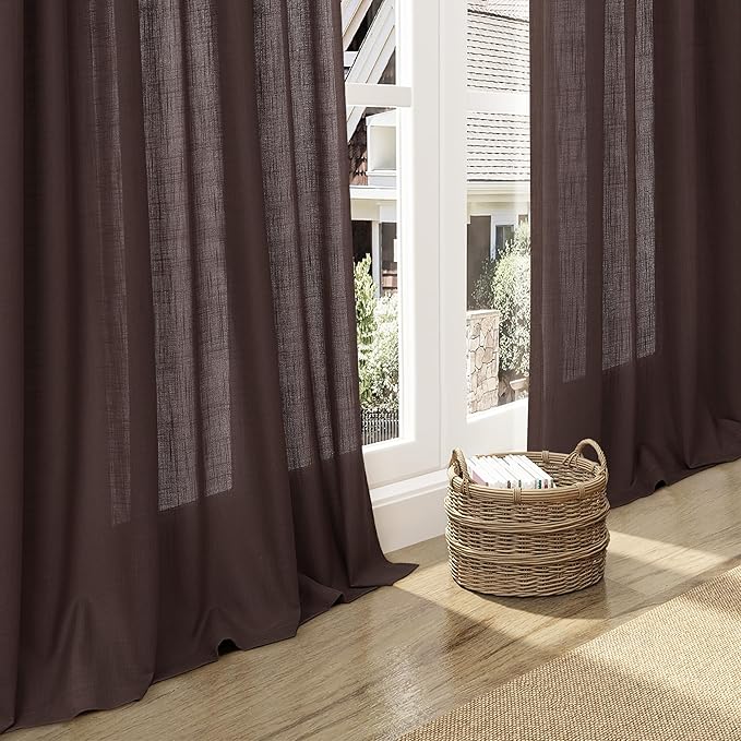 Coffee Linen Semi Sheer Curtains 120 Inches Long 2 Panels Set Back Tab Loop Pocket Linen Blend Boho Large Window Curtain Extra Long Light Filtering Drapes High Ceiling Curtains for Living Room 52x120