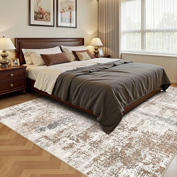 UERMEI 6x8 Area Rug Living Room Rugs - Washable Neutral Modern Abstract Soft Thin Rug Indoor Floor No Slip Rug Carpet for Bedroom Under Dining Table Home Office Decor - Brown/Grey/Red