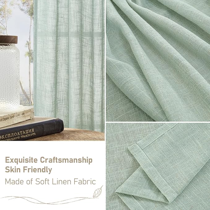 LAMIT Living Room Linen Curtains 95 Inch for Bedroom, Back Tab and Rod Pocket Linen Textured Sheer Curtains Light Filtering Burlap Drapes for Farmhouse, 2 Panels, 52 x 95 Inch, Light Sage