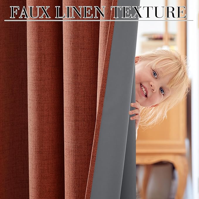 RYB HOME 100% Blackout Linen Textured Curtains 90 inches Long, Insulating Privacy Energy Saving for Bedroom Living Room Window Office Theater Dining Nursery, W 52 x L 90 in, Terracotta, 2 Panels